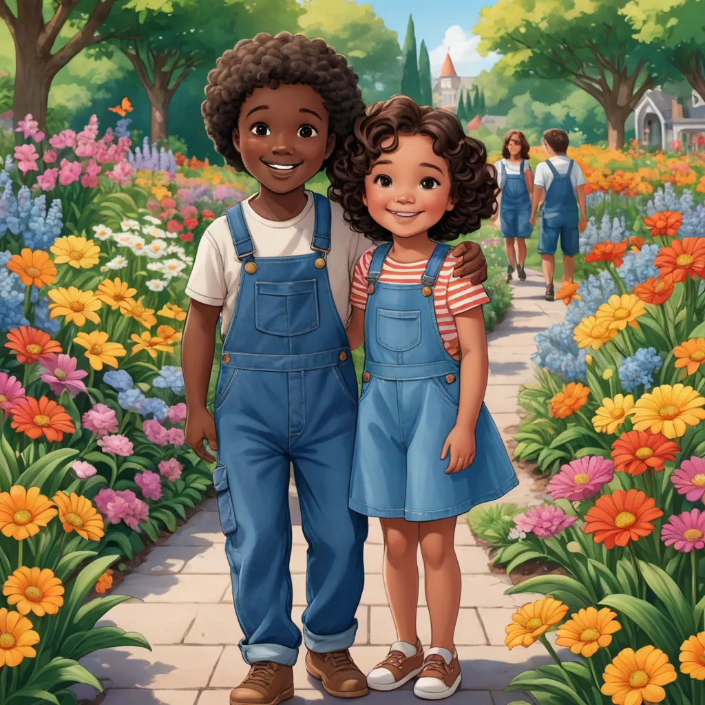 a couple of kids standing next to each other in a field of flowers and flowers with a house in the background, harlem renaissance, a storybook illustration, Felix-Kelly, official art