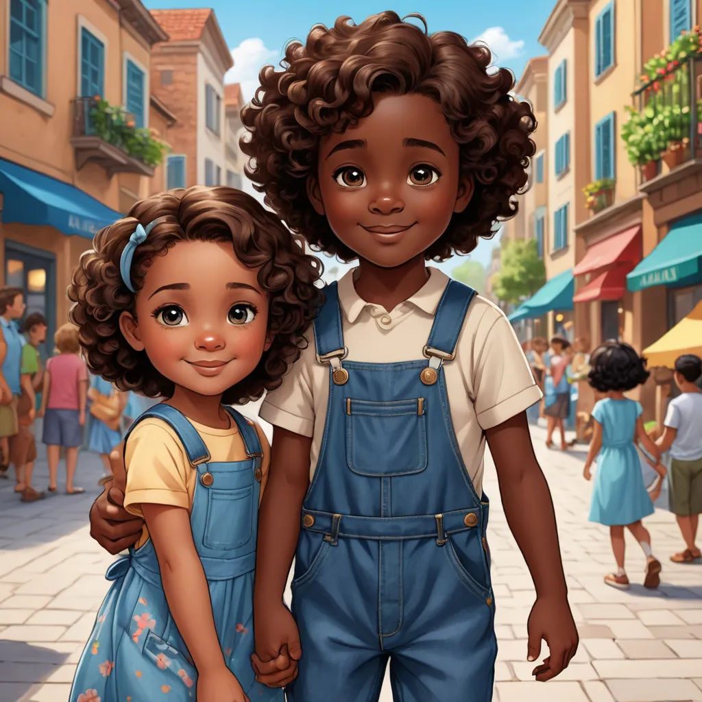 a cartoon of a boy and a girl holding hands in a city street with people walking around them and a building in the background, harlem renaissance, a storybook illustration, disney, trending on art station