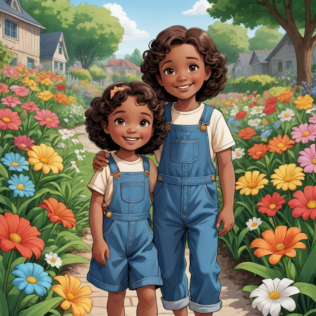 a couple of kids standing next to each other in a field of flowers and trees with houses in the background, lyco art, a storybook illustration, disney, official art
