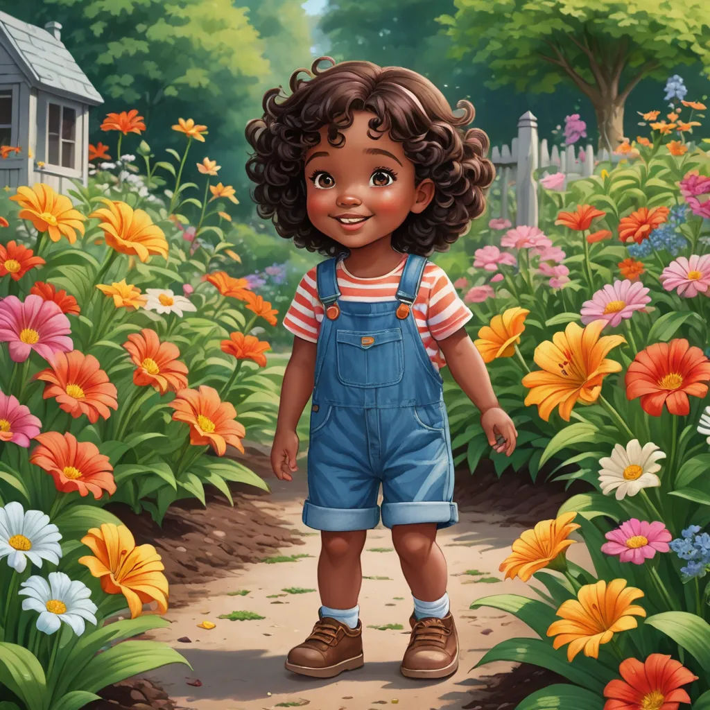 a painting of a little girl standing in a flower garden with a house in the background and a garden path, american scene painting, a storybook illustration, Chris LaBrooy, kinkade