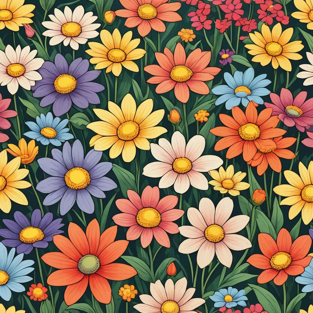 a painting of a bunch of flowers on a black background with a yellow center and a red center and a blue center, psychedelic art, a jigsaw puzzle, Annabel Kidston, flowers