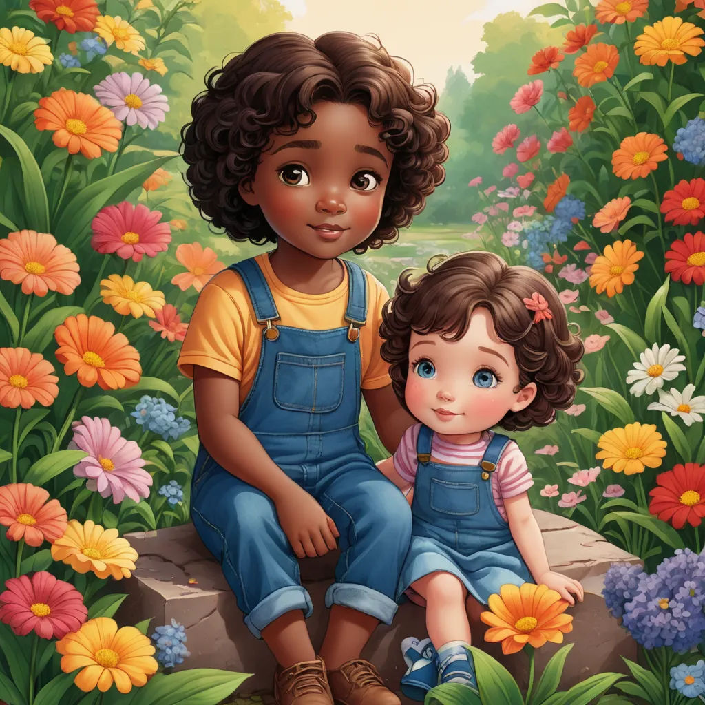 a painting of a boy and girl sitting on a rock in a flower garden with flowers around them and a pond in the background, american scene painting, a storybook illustration, Ella Guru, official art