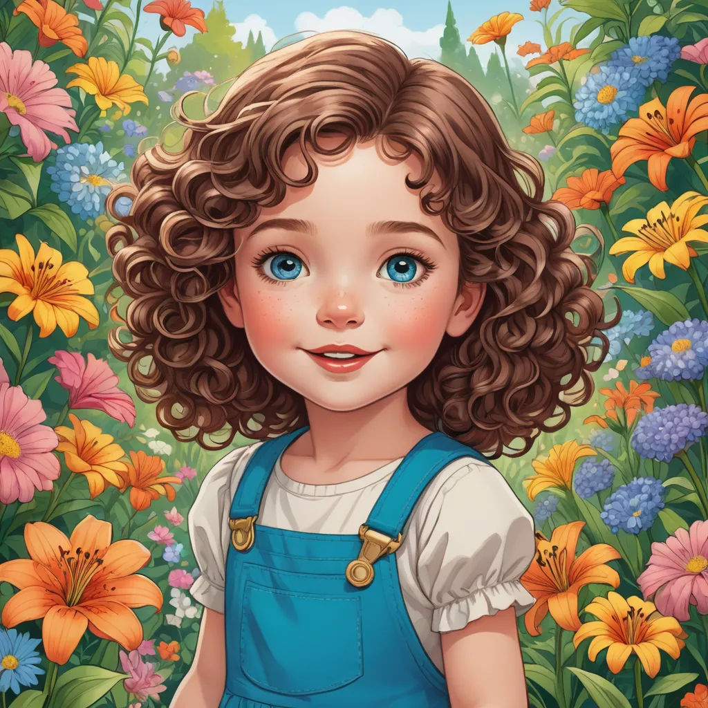 a painting of a little girl in a field of flowers with a blue eyes and brown hair, with a blue dress, fantasy art, a detailed painting, Alice Prin, trending on art station