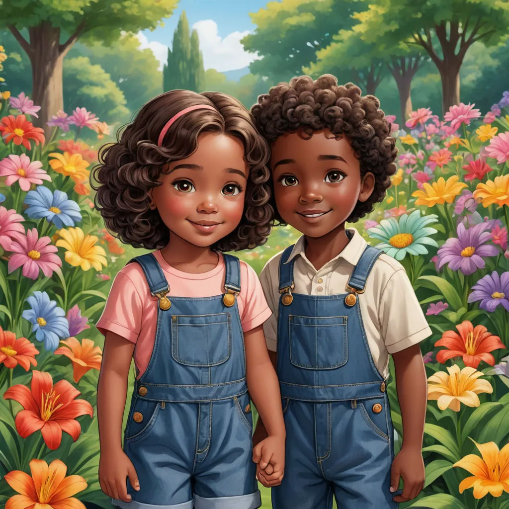 a painting of two children standing in a field of flowers with trees in the background and a sky with clouds, photorealism, a storybook illustration, Felix-Kelly, official art