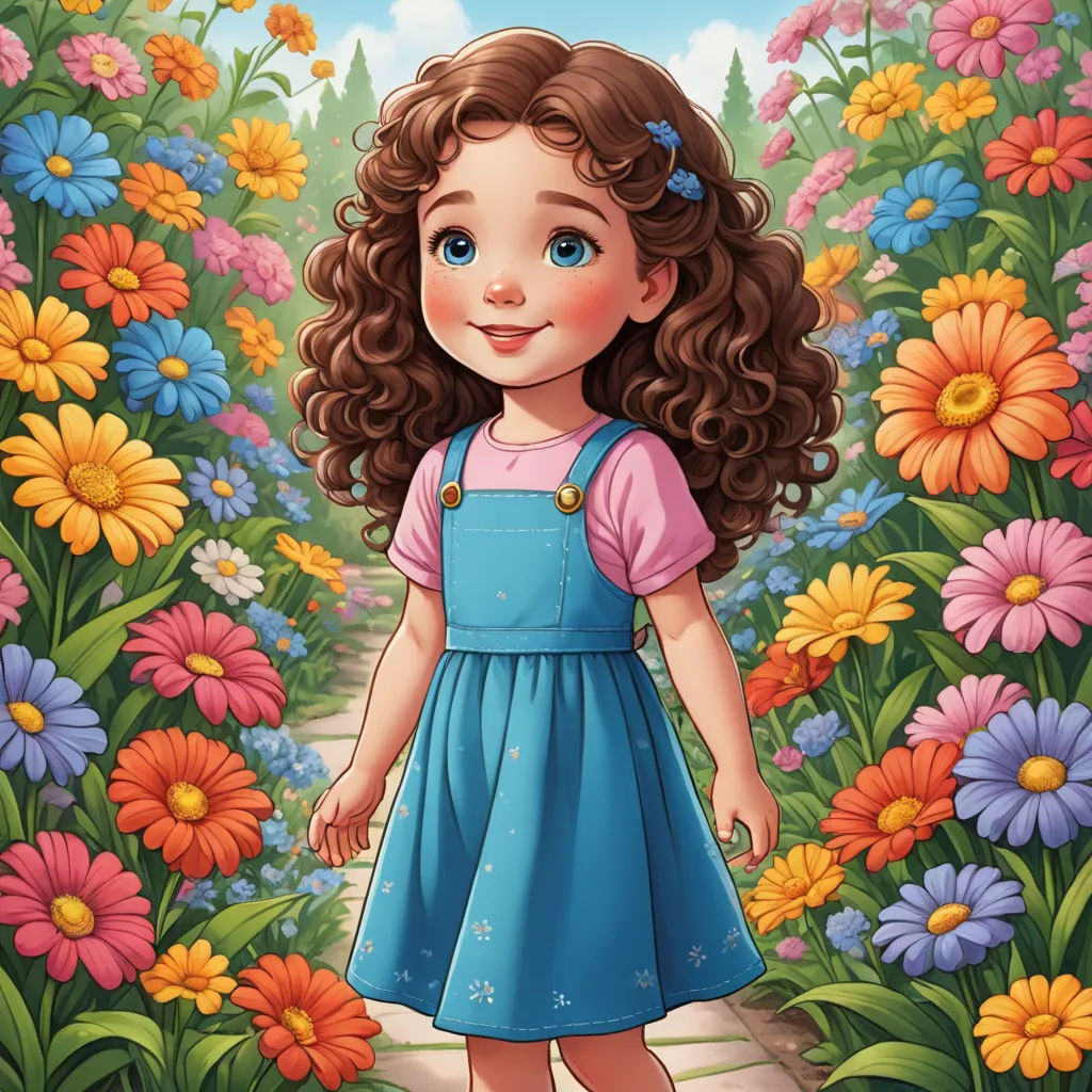 a girl in a blue dress standing in a field of flowers with a blue sky background and clouds above her, naive art, a storybook illustration, Alice Prin, trending on art station