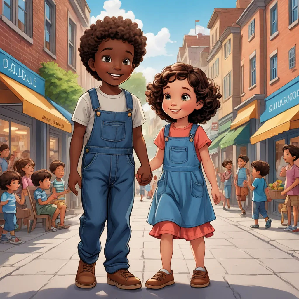 a cartoon of a boy and a girl holding hands on a city street with a crowd of people in the background, harlem renaissance, a storybook illustration, Felix-Kelly, storybook illustration