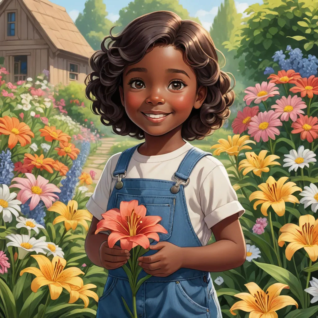 a painting of a girl holding a flower in a garden with flowers in the background and a house in the background, american scene painting, a storybook illustration, Constance Gordon-Cumming, official art
