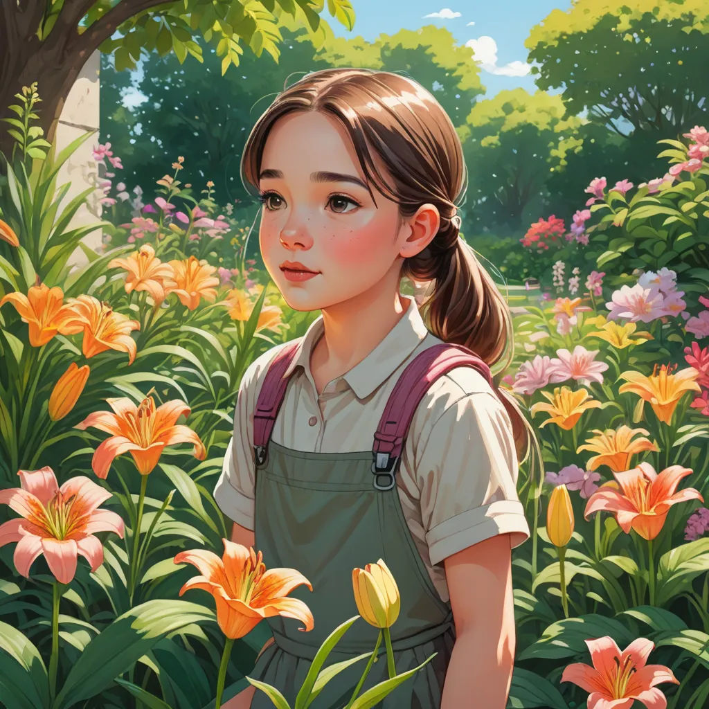 a painting of a girl in a field of flowers with a ponytail in her hair and a ponytail in her hair, fantasy art, a detailed painting, Aaron Jasinski, trending on art station