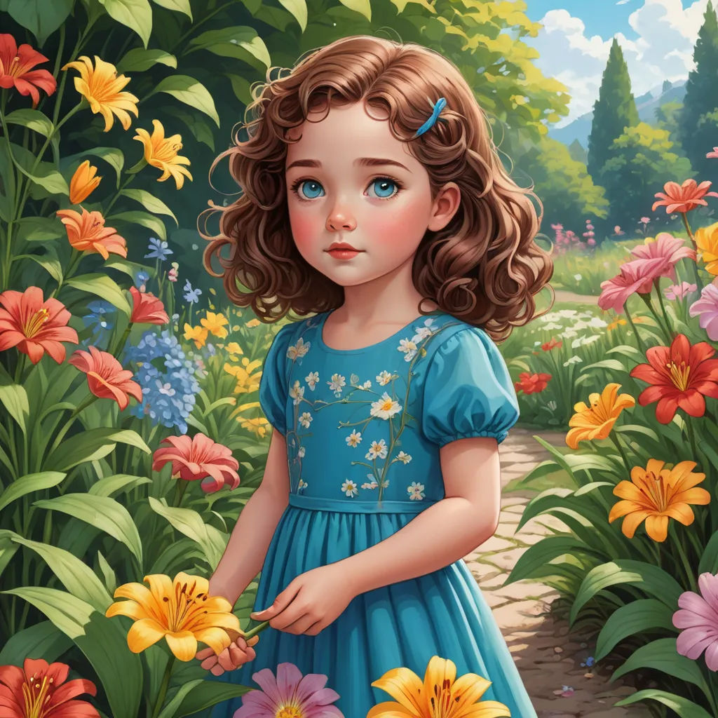 a painting of a little girl in a blue dress standing in a garden of flowers with a butterfly in her hair, fantasy art, a storybook illustration, Alice Prin, trending on art station