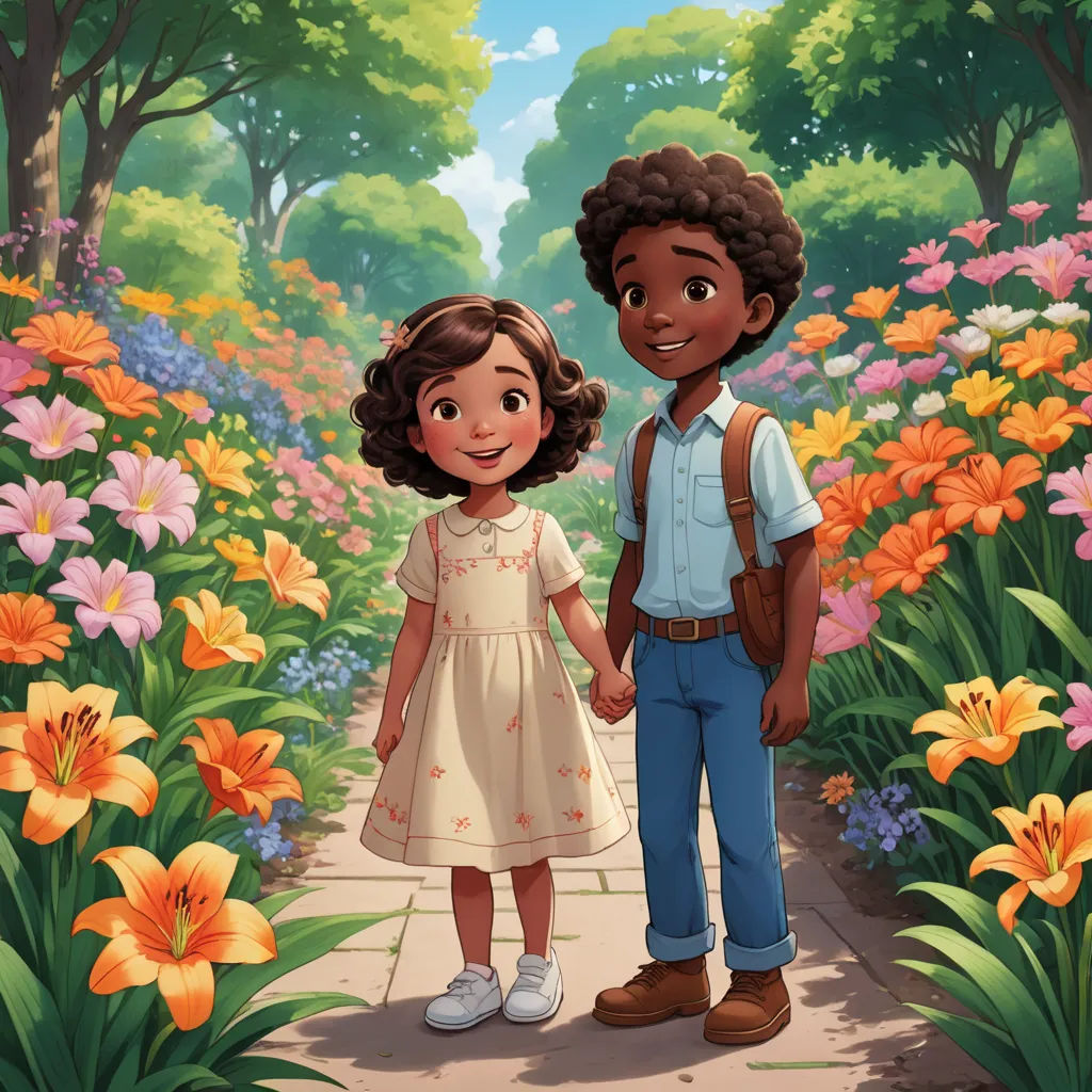 a boy and a girl are standing in a garden holding hands and smiling at the camera, with flowers in the background, harlem renaissance, a storybook illustration, Felix-Kelly, official art