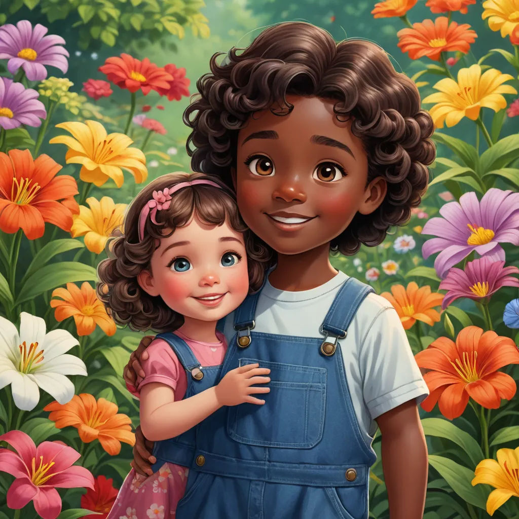 a painting of a girl hugging a little girl in a field of flowers with a forest in the background, photorealism, a storybook illustration, Ella Guru, official art
