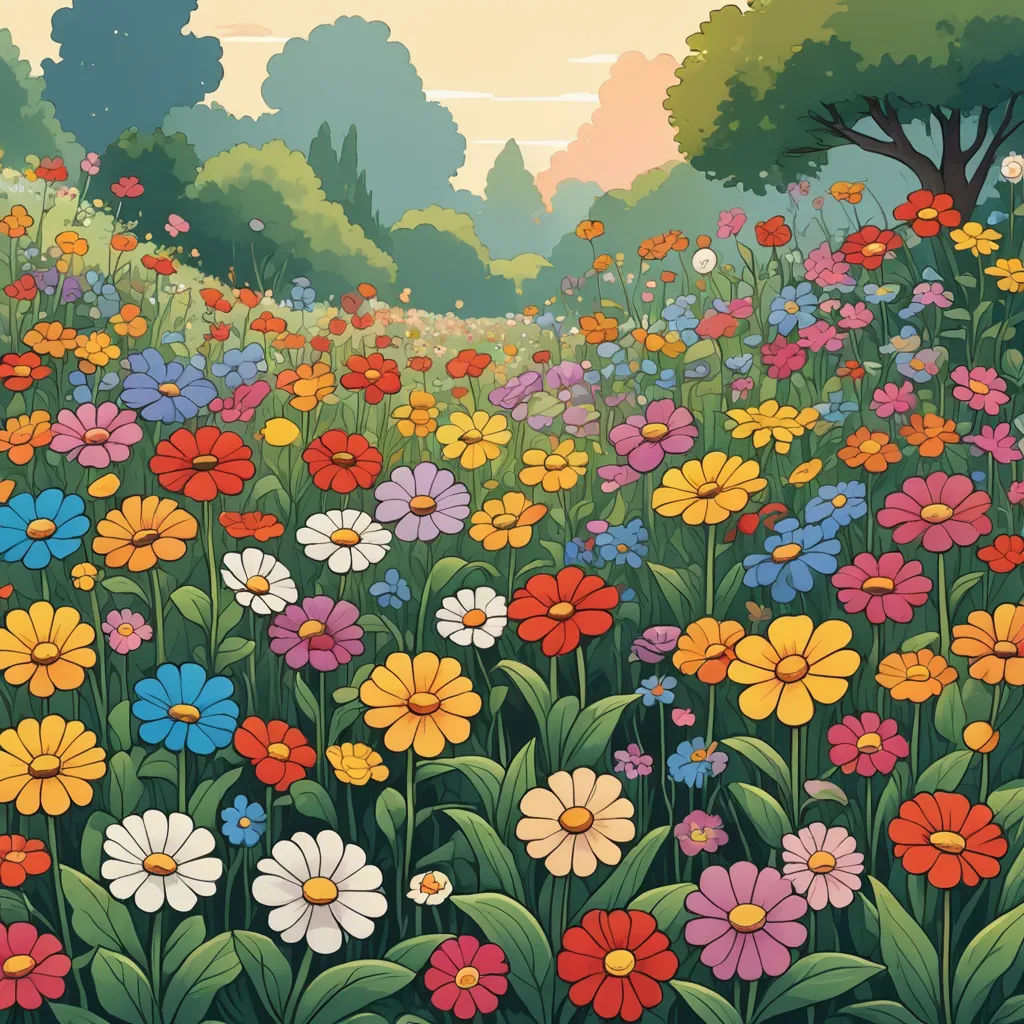a painting of a field of flowers with trees in the background and a sky in the background with clouds, color field, a comic book panel, Chris LaBrooy, flowers