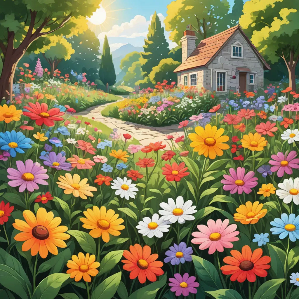 a painting of a house in a field of flowers with a pathway leading to it and a pathway leading to the house, color field, a storybook illustration, Chris LaBrooy, kinkade