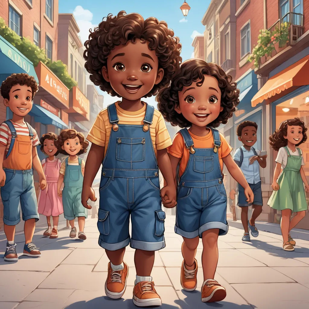 a cartoon of two children walking down a street with a group of people behind them in the background,, harlem renaissance, a storybook illustration, Chris LaBrooy, official art