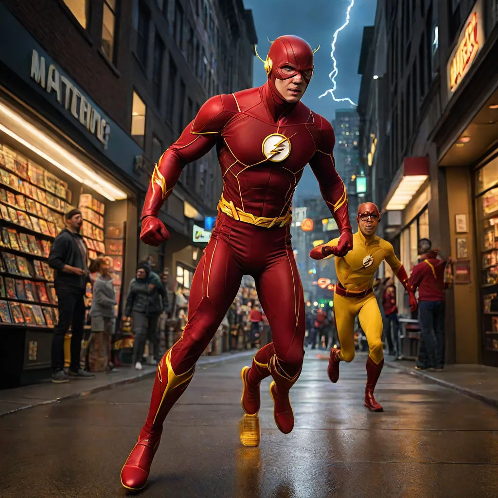 a man in a flash suit running down a street with a man in a yellow suit behind him in a city, a comic book panel, Everett Warner, panfuturism, promotional image