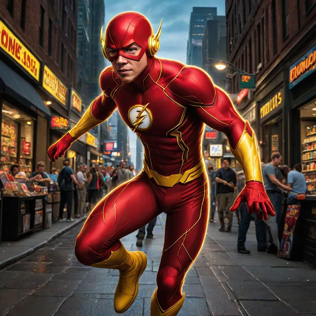 a man in a flash suit running down a street in a city at night with people walking around and a crowd of people walking on the sidewalk, a comic book panel, Alan Davis, photorealism, promotional image
