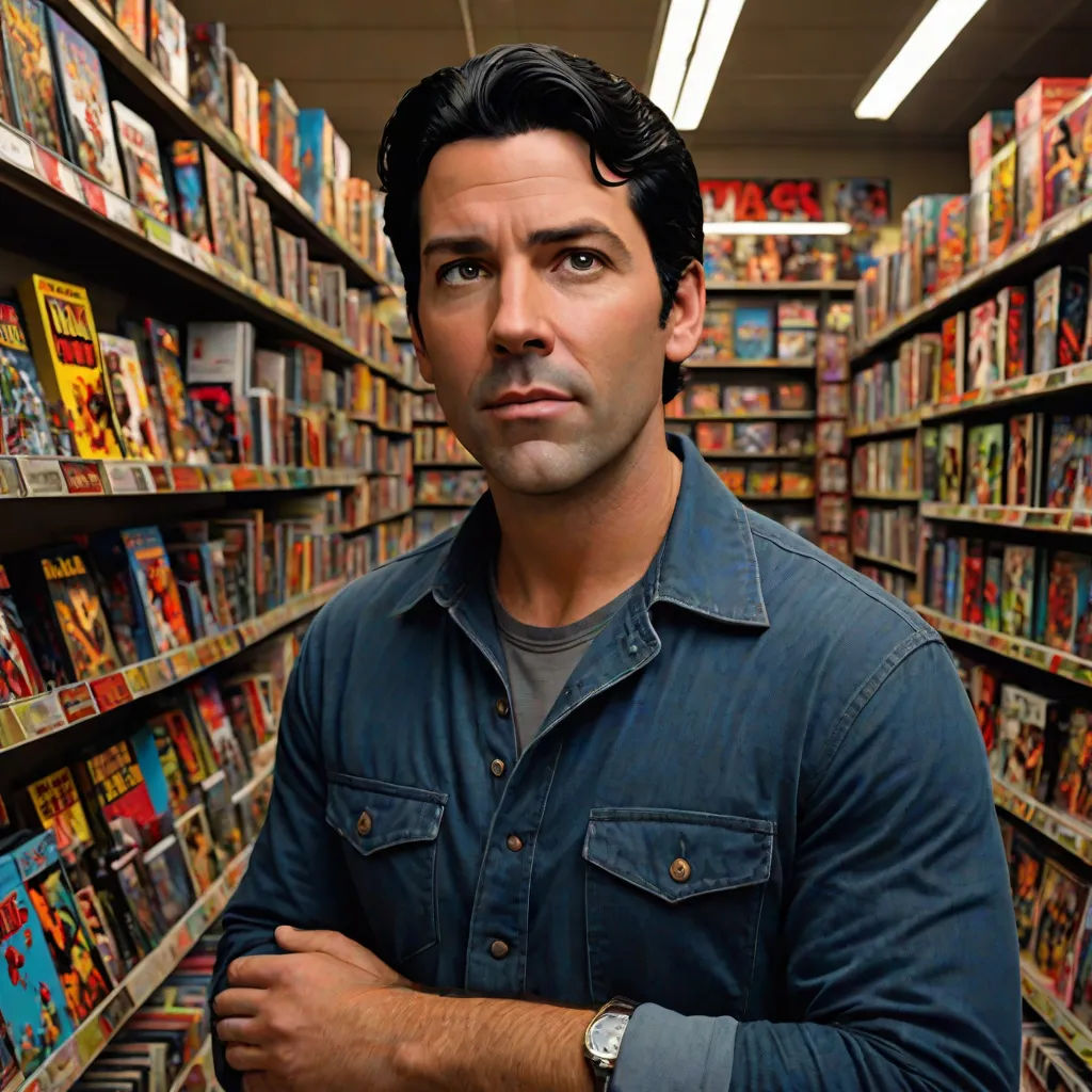 a man standing in a store with his arms crossed in front of a book shelf full of comics and magazines, a character portrait, Eric Taylor, lowbrow, promotional image