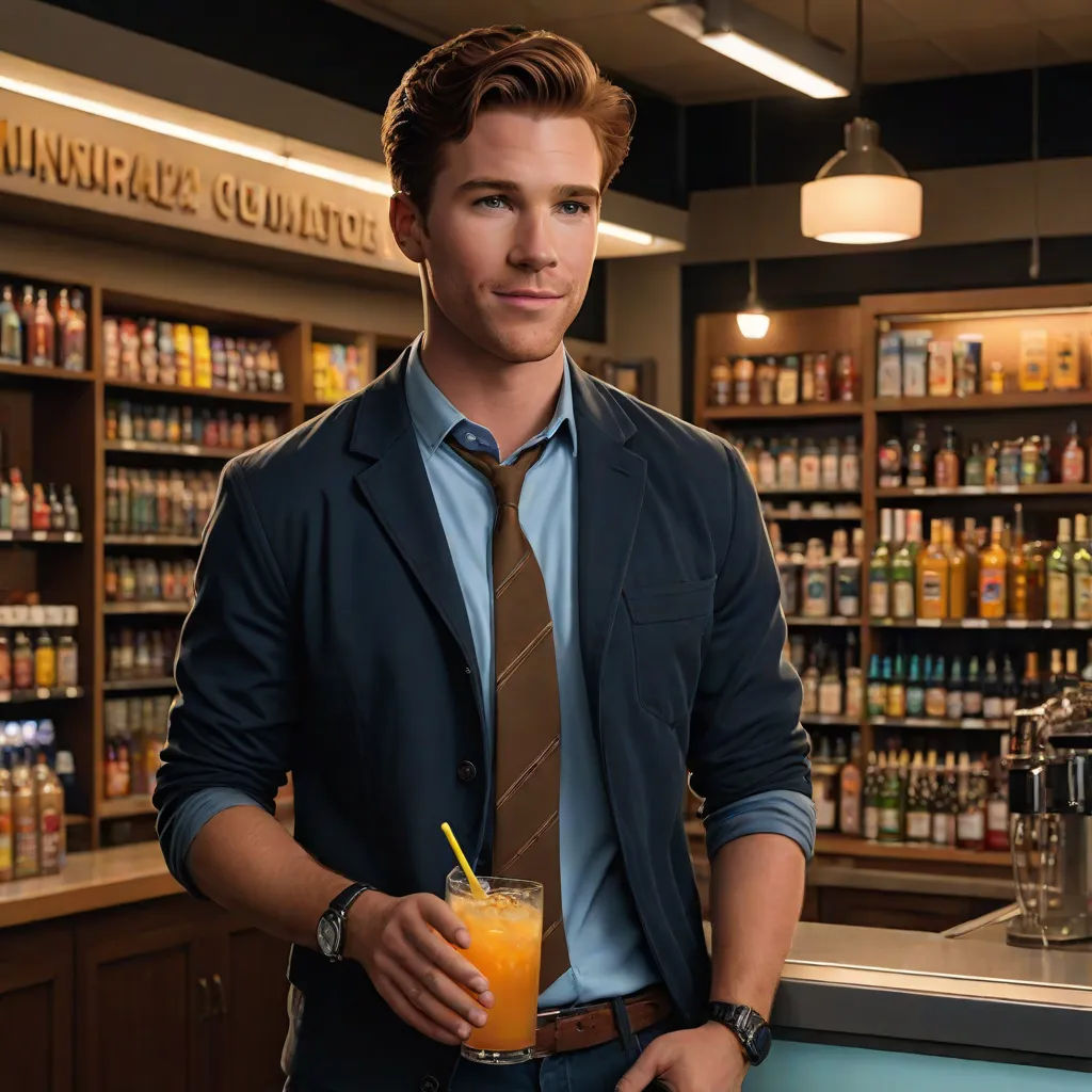 a man in a tie holding a drink in a store with shelves of drinks behind him and a bar with a man in a tie, a character portrait, Cedric Seaut (Keos Masons), private press, promotional image