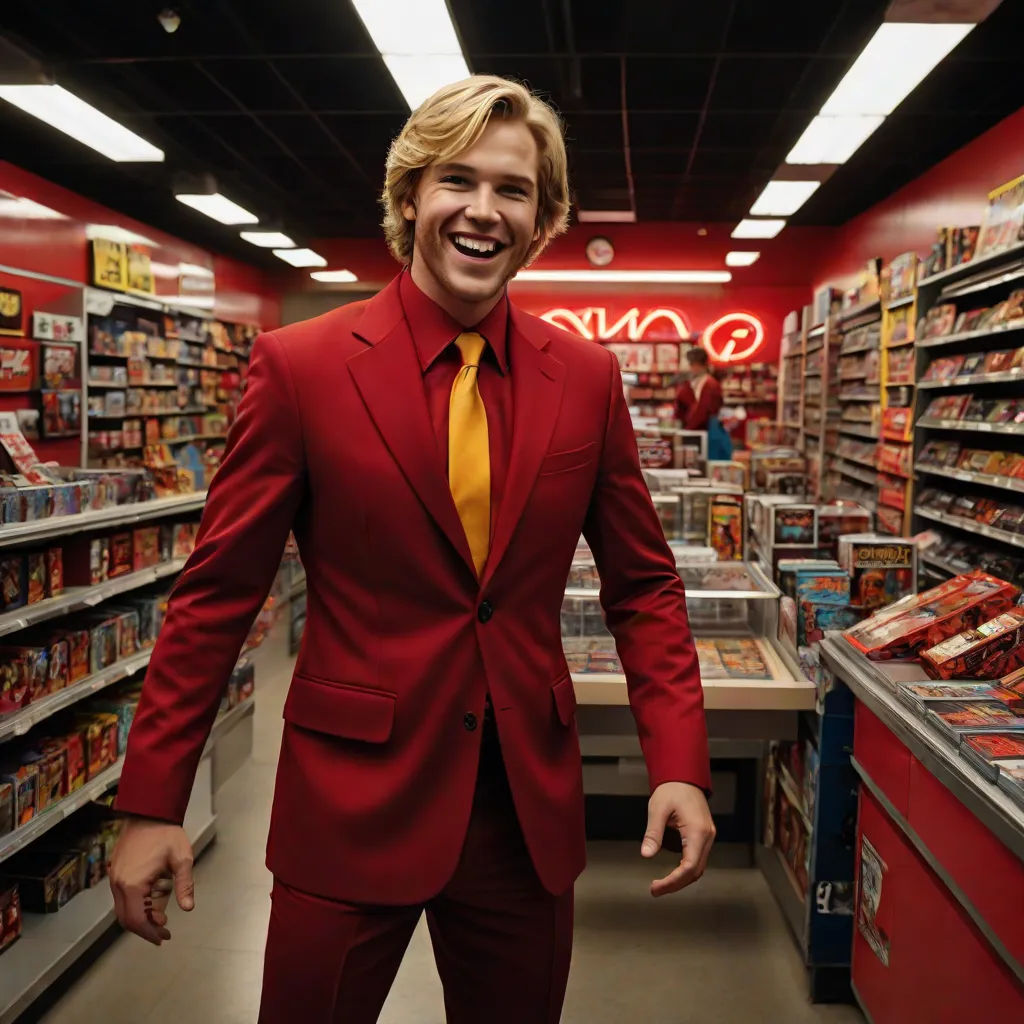 a man in a red suit and yellow tie in a store aisle with shelves of food and candy on the shelves, a character portrait, Chase Stone, maximalism, promotional image