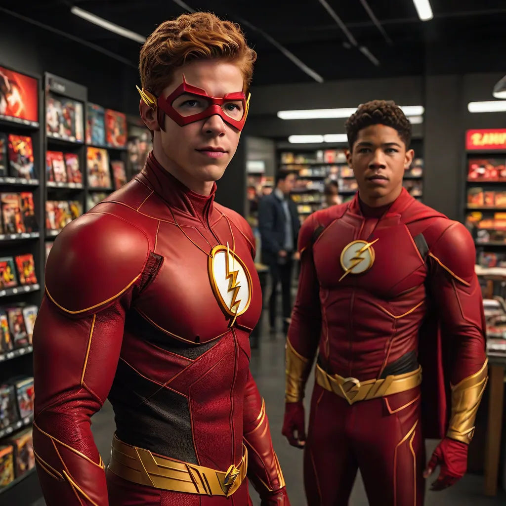 two men in red and yellow costumes standing in a store aisle with a man in the background looking at the camera, a comic book panel, Everett Warner, superflat, promotional image