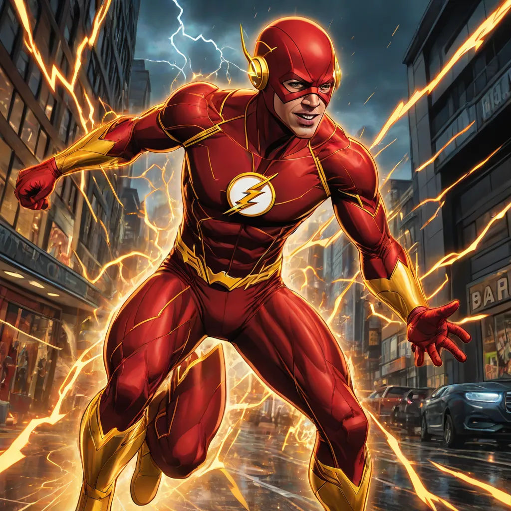 a man in a flash suit running through a city street with a lightning bolt in his hand and a car in the background, a comic book panel, Alan Davis, photorealism, lightning