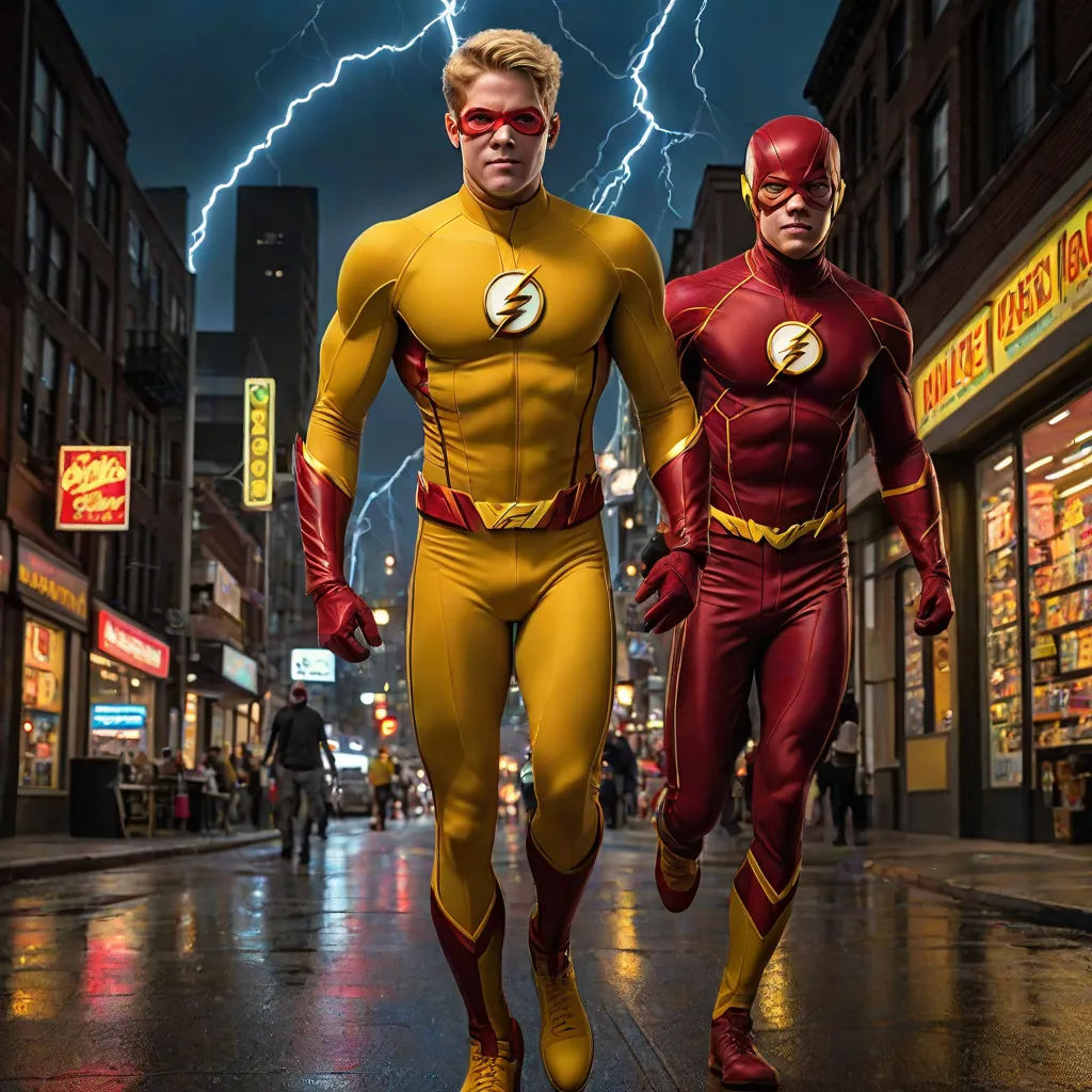 two men in flash suits are walking down a street in the rain with a lightning behind them and a city street with buildings, a comic book panel, Everett Warner, shock art, promotional image