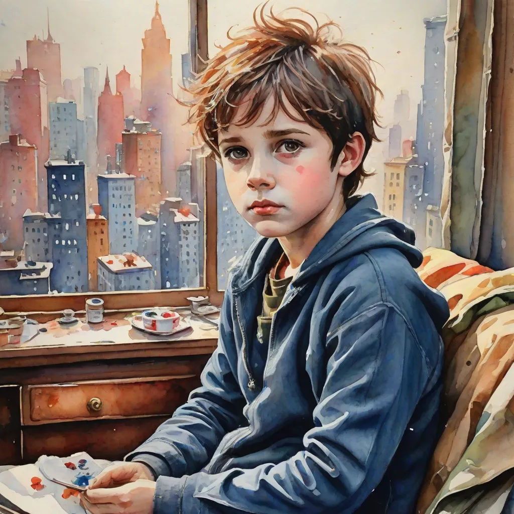 a painting of a boy sitting in a chair looking out a window at the city skyline with a plate of food on the table, photorealism, a photorealistic painting, Aaron Jasinski, extremely detailed oil painting