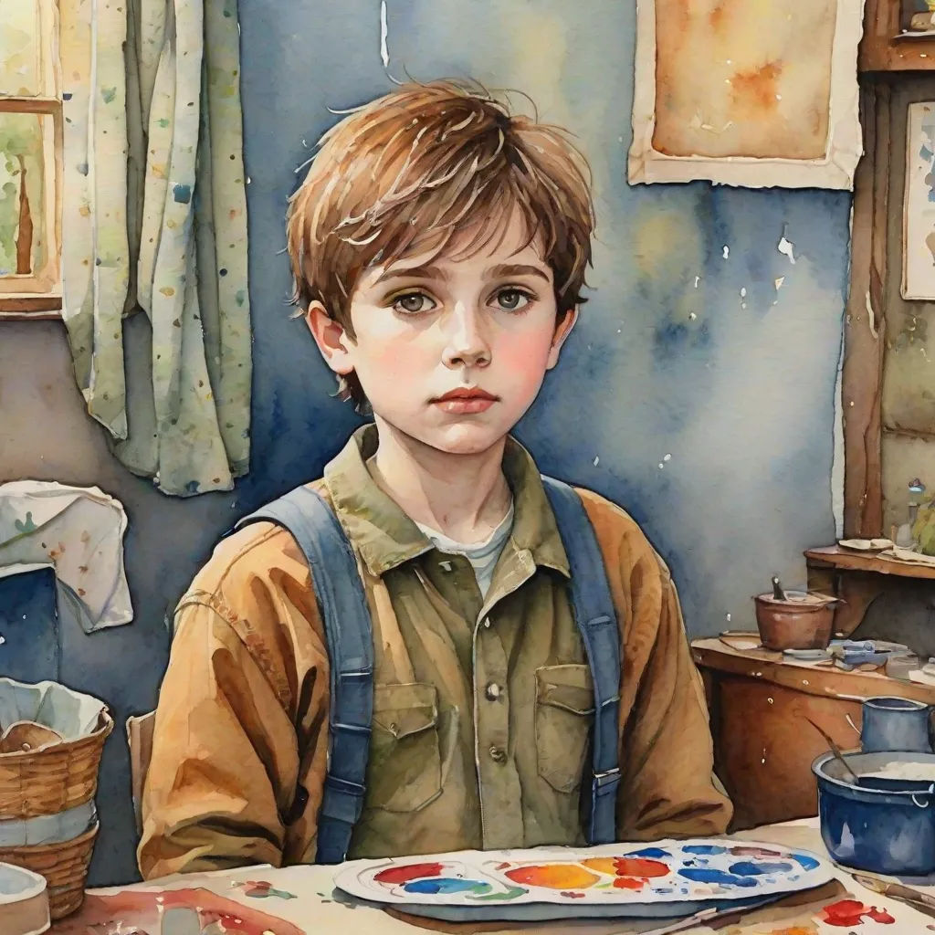 a painting of a boy sitting at a table with a plate of paint on it and a bucket of paint, figurative art, a detailed painting, Colin Middleton, stanley artgermm