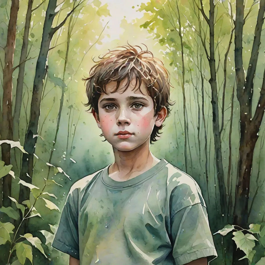 a painting of a boy in a forest with trees and grass in the background, with a green shirt on, photorealism, a photorealistic painting, David Palumbo, stanley artgerm lau