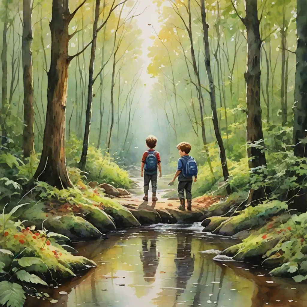 two children are walking in the woods by a stream of water and trees, with the sun shining through the trees, photorealism, a detailed painting, Brothers Hildebrandt, highly detailed oil painting