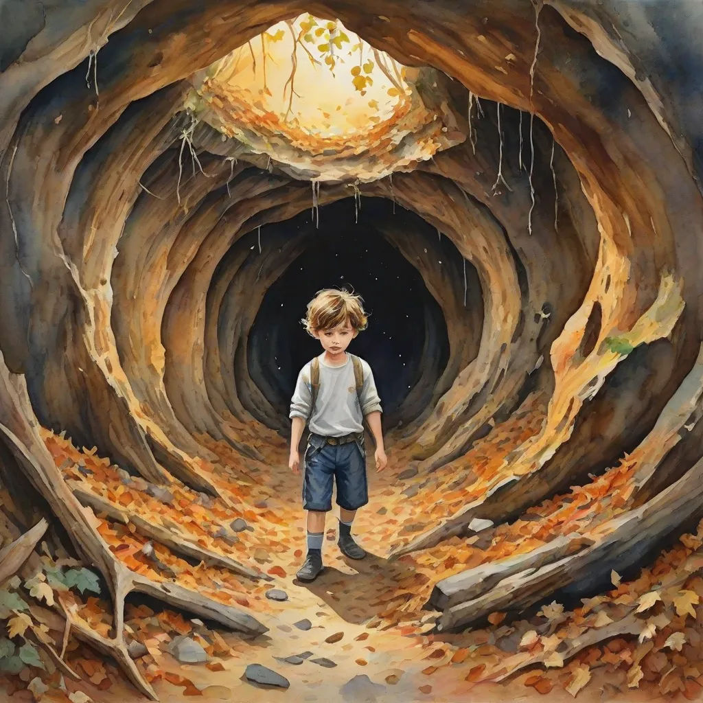 a painting of a boy walking through a tunnel of leaves and rocks with a light at the end of the tunnel, fantastic realism, a storybook illustration, Aaron Jasinski, in gouache detailed paintings