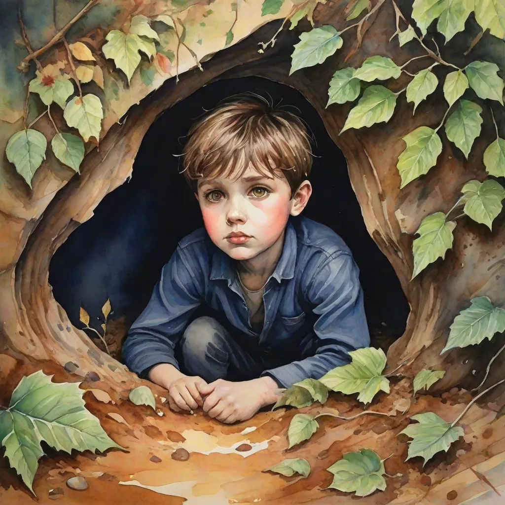 a painting of a boy in a hole with leaves on it and a tree in the background with leaves on it, figurative art, a detailed painting, Brad Kunkle, in gouache detailed paintings