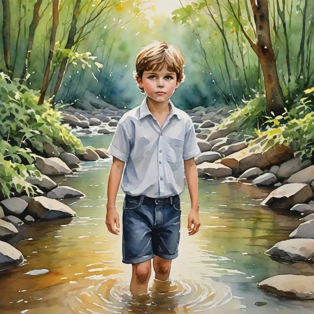 a painting of a boy standing in a stream of water with rocks and trees in the background and a sun shining through the trees, figurative art, a watercolor painting, Bob Byerley, highly detailed oil painting