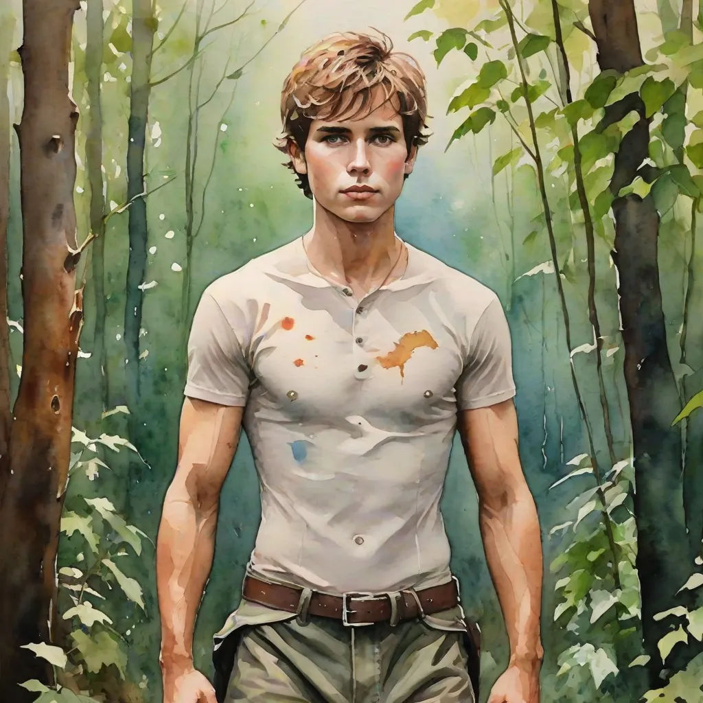 a painting of a man in a forest with a squirrel on his shirt and a squirrel on his shirt, figurative art, a character portrait, David Palumbo, in gouache detailed paintings