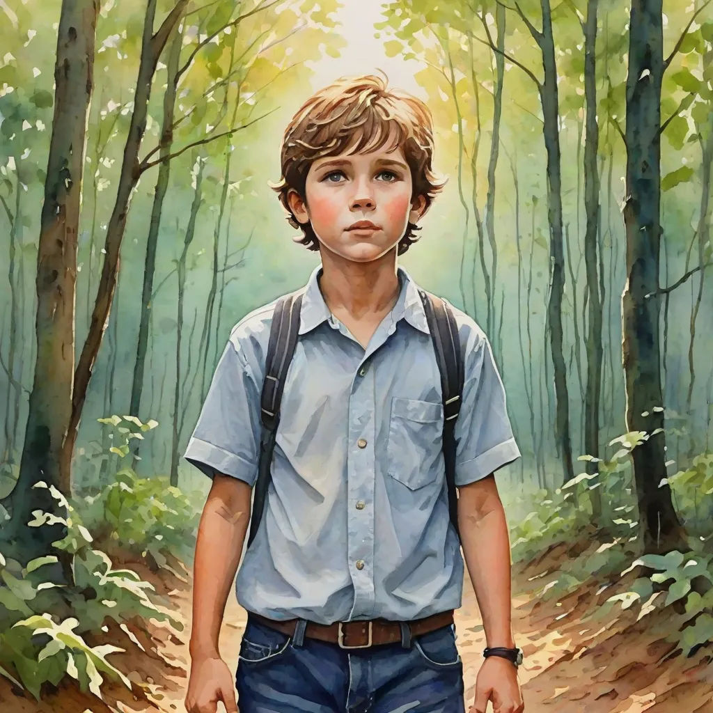 a painting of a boy walking in the woods with a backpack on his back and a backpack on his shoulder, american realism, a detailed painting, David Palumbo, extremely detailed oil painting