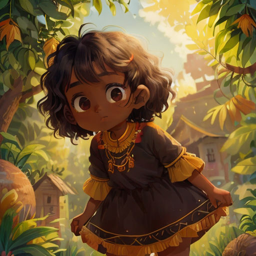 a little girl in a dress standing in a forest with a house in the background and a tree in the foreground