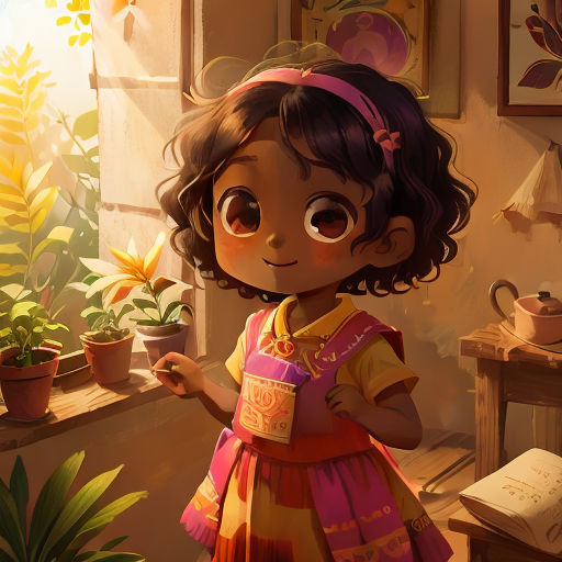 a little girl standing in a room with a potted plant and a book on a table next to a window