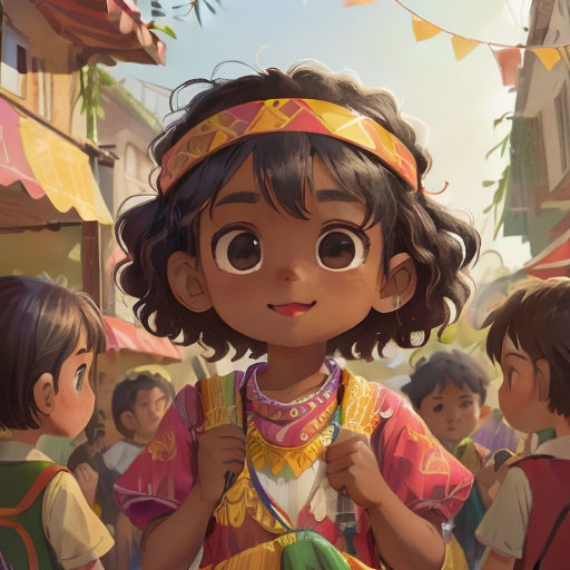 a cartoon girl with a headband and a group of children in the background, all looking at her