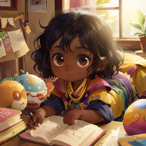 a little girl sitting at a table with a book and a toy in front of her and a stuffed animal