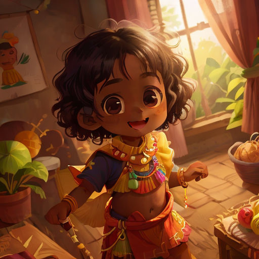a cartoon girl in a costume standing in a room with a potted plant and a potted plant