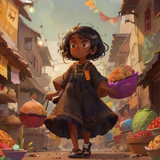 a little girl holding a bowl of food in a street with a lot of buildings and flags in the background