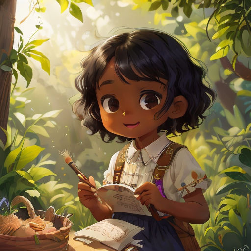 a little girl is sitting at a table with a book and a pencil in her hand and a basket of mushrooms in the background
