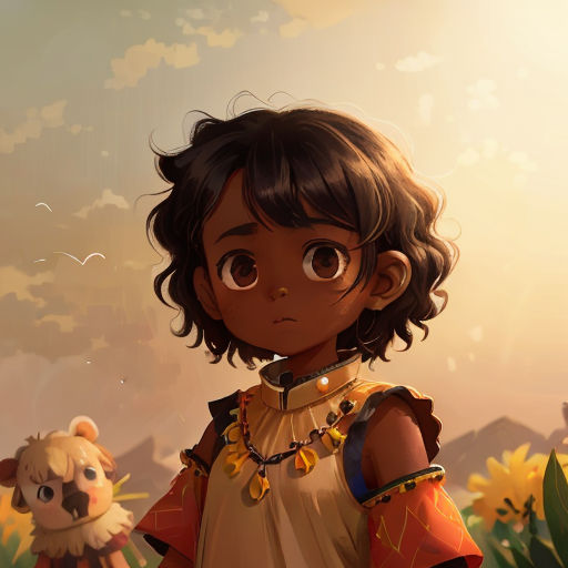a little girl standing in a field of flowers with a stuffed animal in front of her and a sky background