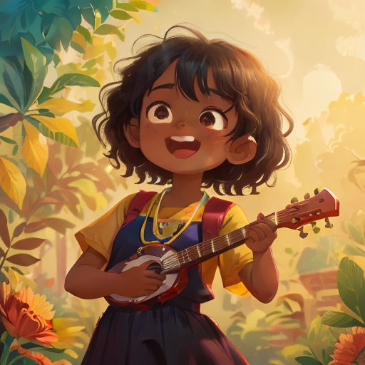 a little girl holding a guitar in a forest with sunflowers and trees in the background, with a smile on her face