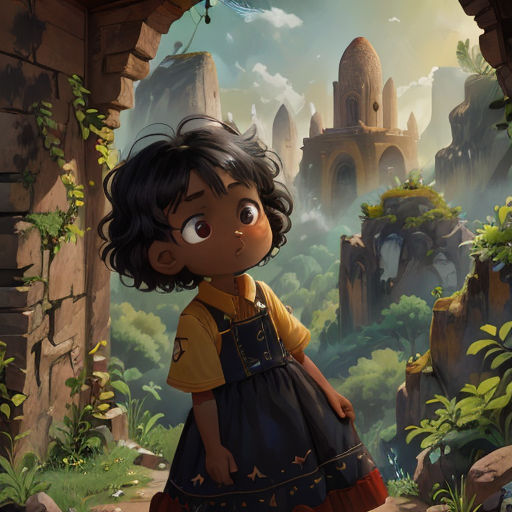 a little girl standing in a doorway looking at a bird flying over her head in a jungle setting with a castle in the background