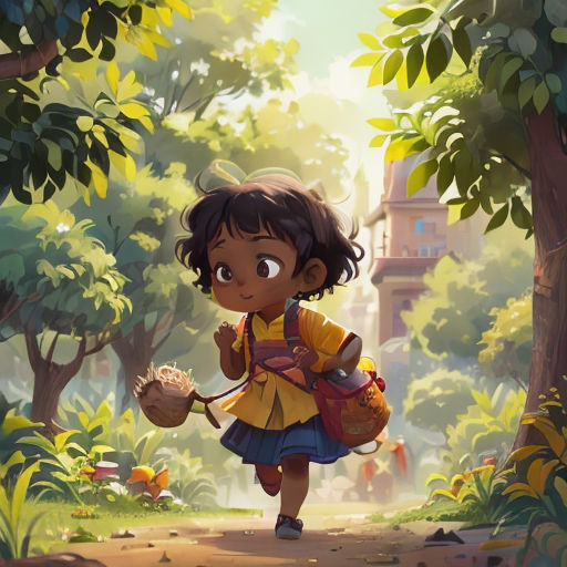 a little girl walking through a forest with a backpack on her back and a bag on her shoulder,