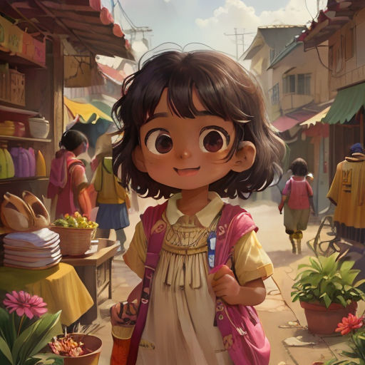 a little girl standing in a village with a bunch of flowers in her hand and a basket of fruit in her other hand
