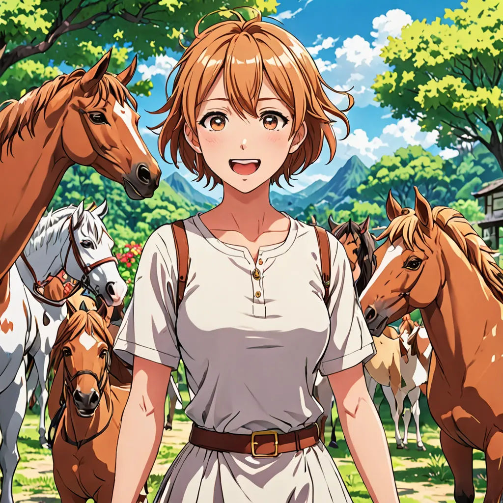 a woman standing in front of horses in a field with trees and a sky background in the background,, remodernism, a stock photo, Aya Goda, official art