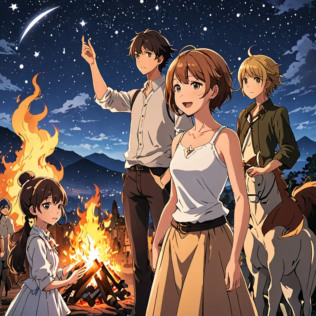 a group of people standing around a fire with a sky background and stars in the sky above them, and a person pointing at a fire, dau-al-set, a poster, Aya Goda, official art