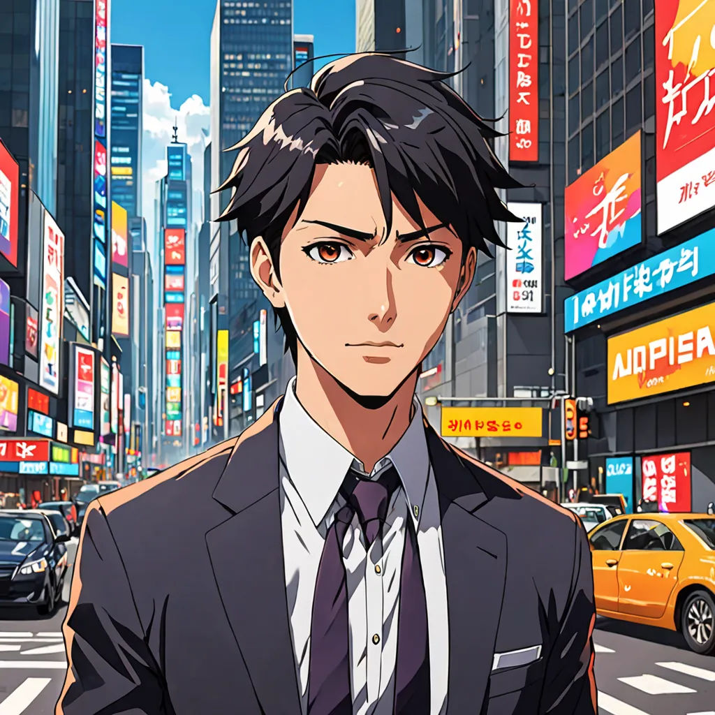 a man in a suit and tie standing in the street in front of a cityscape with cars, serial art, a character portrait, Awataguchi Takamitsu, official art